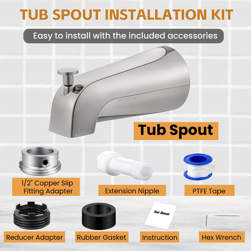 Dreyoo Tub Spout with Diverter, Tub Spout (Universal Fits 1/2 Copper Pipe, 1/2 IPS and 3/4 IPS), Bathroom Bathtub Faucet with Adapters and Hex Wrench (Brushed Nickel,Simple) Brushed Nickel Simple