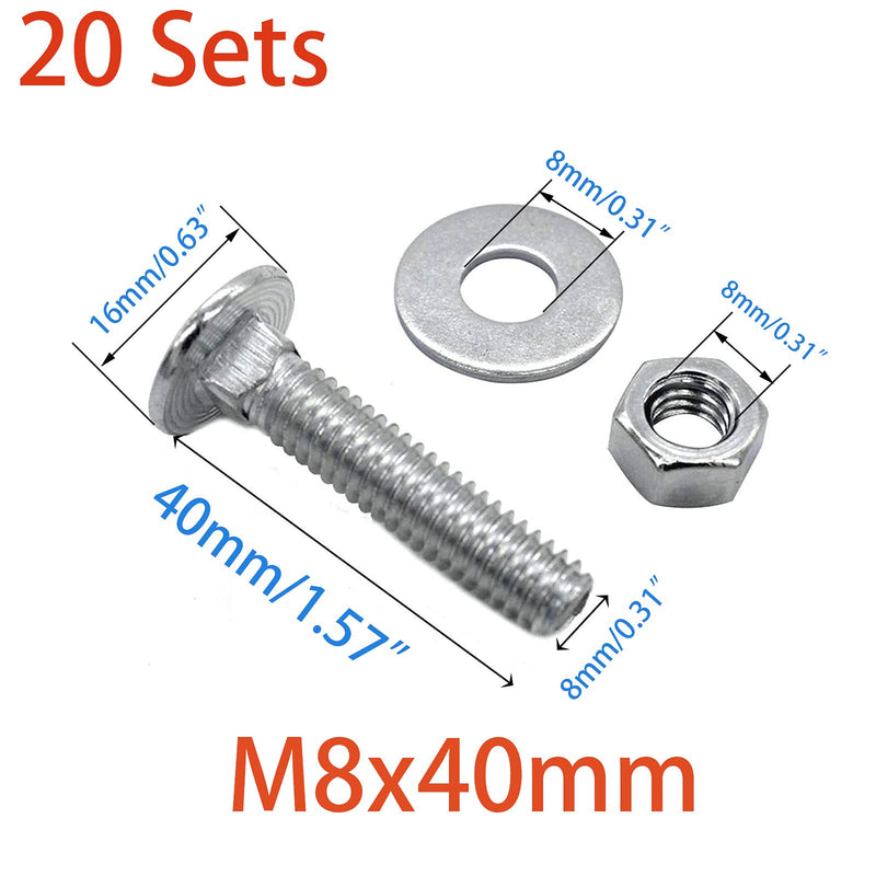 20 Sets Long Square-Neck Carriage Bolts Set,Carriage Bolts Set w/Nuts & Flat Washers,Zinc-Plated,Carbon Steel Grade 4.8,Plain Finish,Fully Threaded(M8-1.25X40mm) M8-1.25X40mm（20 Sets）