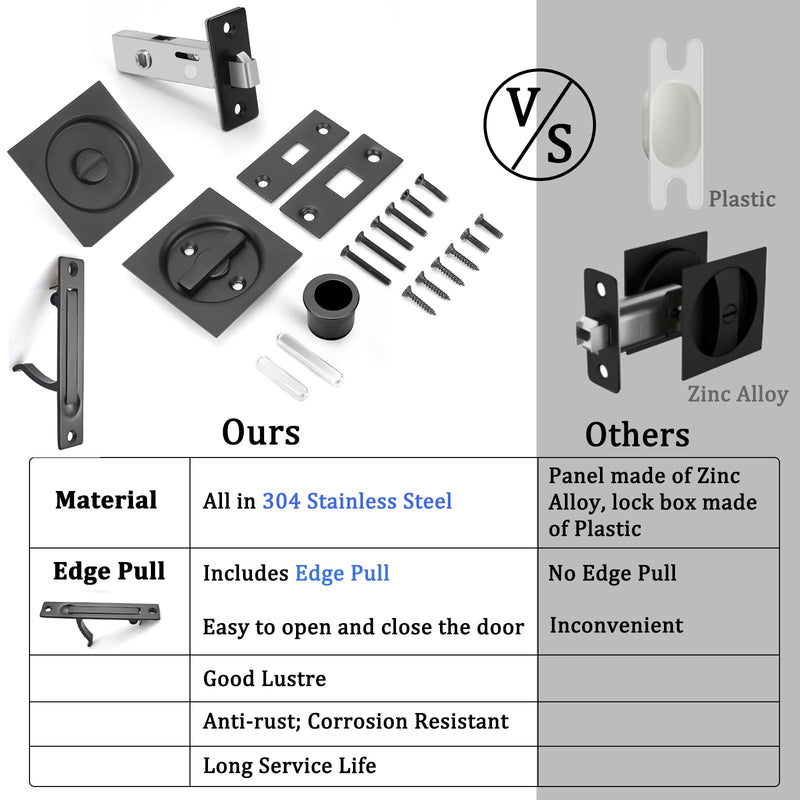 Dontay Pocket Door Privacy Lock and Pull, Stainless Steel 304 Contemporary Pocket Door Knob, Flush Door Handles, Privacy (Bed/Bath) Latch, 2-3/8" Backset, Sliding Barn Hardware (Matte Black, Square) Matte Black 1