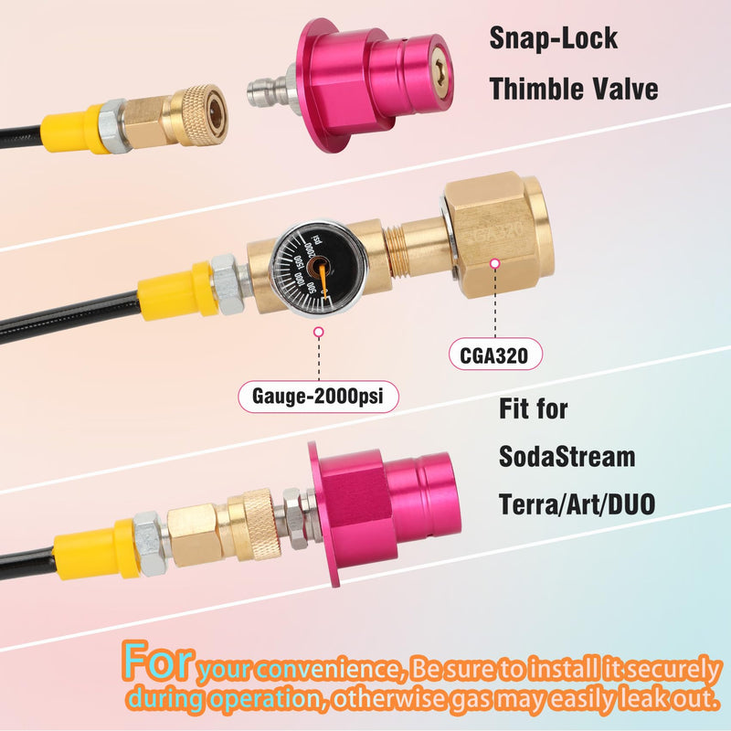 Upgrade Soda Machine Co2 Adapter Quick Connector Adapter (60in) with Pressure Gauge and Release Valve, Compatible with Terra DUO Art Gaia Aqua Fizz, For CGA320 Valve