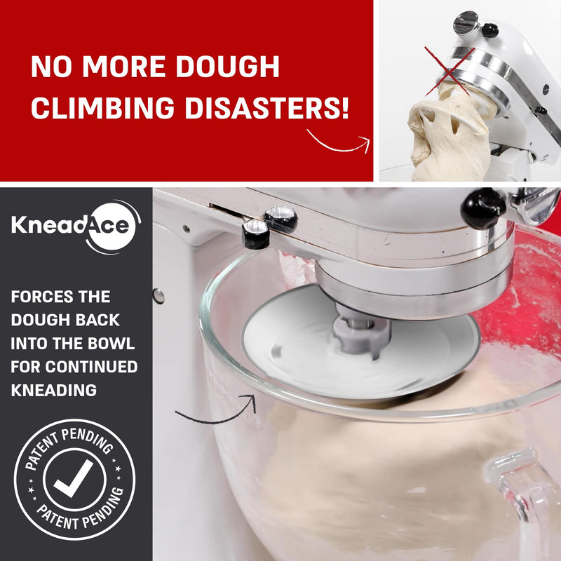 KneadAce Dough Hook Shield For Kitchen Aid - Prevents Your Dough from Climbing Up and Clogging Up Your Mixer – Mess Free Mixer Accessory Compatible With Most KitchenAid C Shape Dough Hooks (White) White