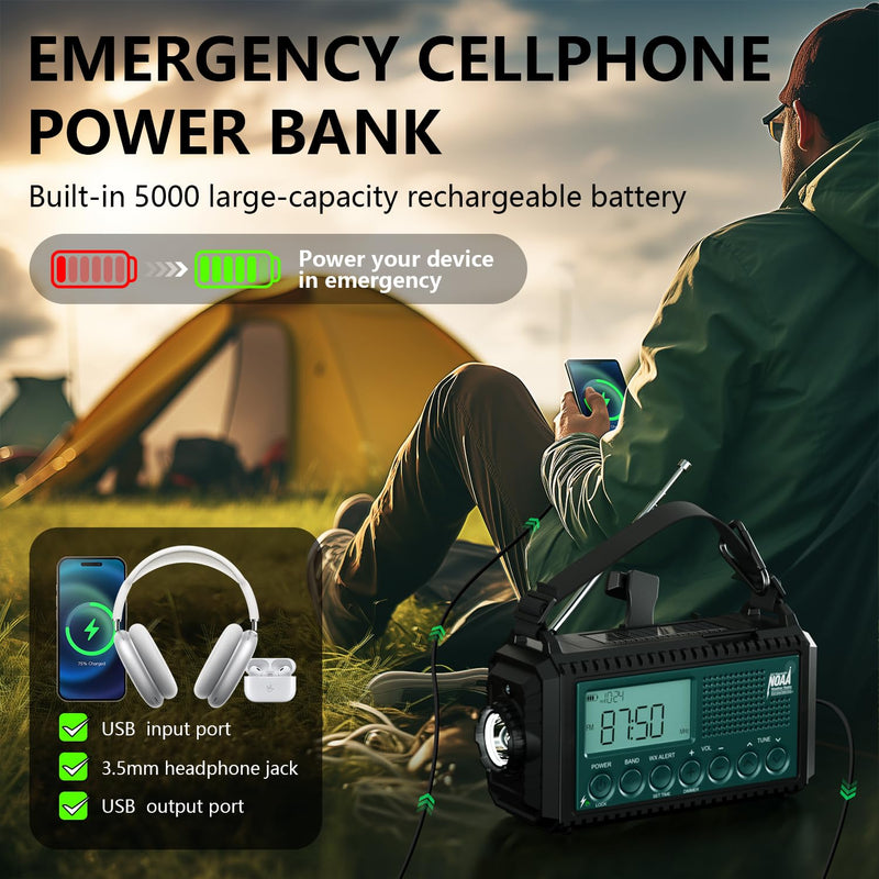 NOAA Emergency Weather Radio with Auto Alerts, 5000mAh Solar Hand Crank AM/FM/SW Shortwave Radio with Flashlight, Reading Lamp, Phone Charger, SOS Alarm, Survival Gear, Time Clock & Large LCD Display Blue LCD 5000mAh