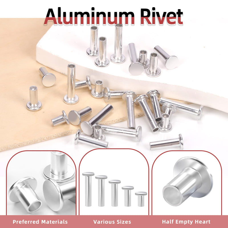 Hilitchi 251PCS M4 Aluminum Flat Head Semi-Tubular Rivets with Punch Assortment Kits Aluminum Round Flat Head Rivet Silver Round Semi Tubular Rivets for Craft Repairs Decoration