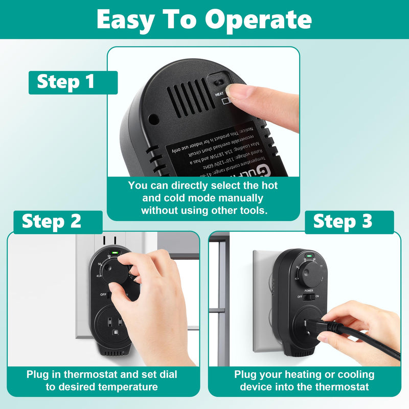 Adjustable Thermostat, Plug in Heating and Cooling Thermostat Controlled Outlet, Compatible with Portable AC, Fans and Space Heaters (1 Pack,Black) Black 1