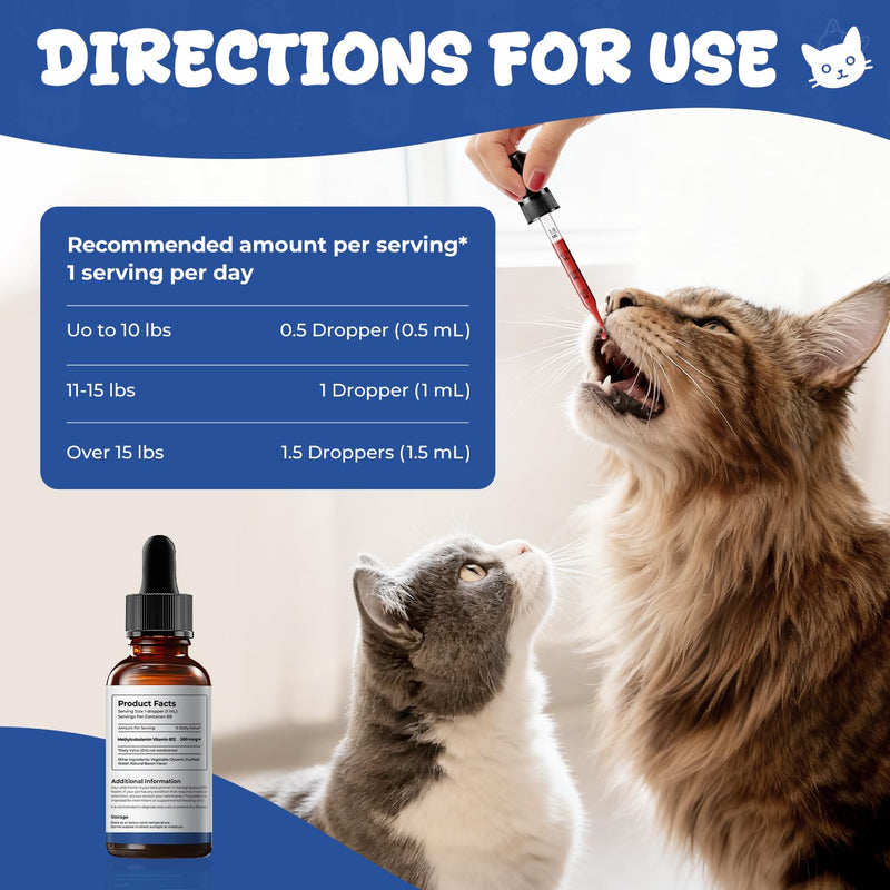 Vitamin B12 Appetite Stimulant Drops for Cats, Methylcobalamin Liquid Cat Supplement for Appetite, Energy & Metabolism Support, Helps Picky or Low-Energy Cats Eat & Thrive, 2 fl oz