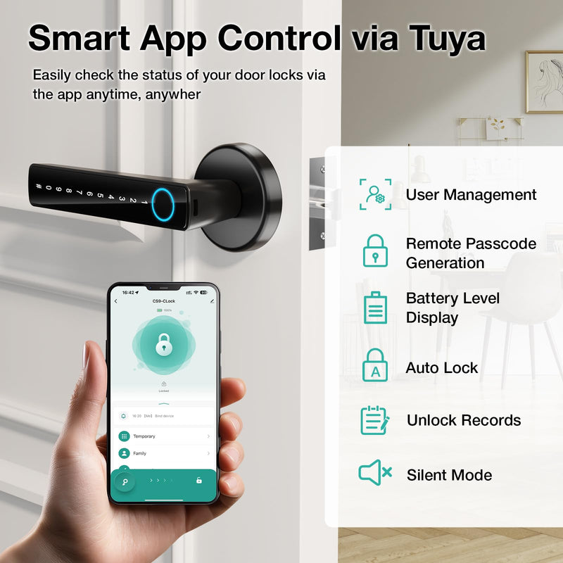 Fingerprint Door Lock with 2 Keycards & App Control – 5-in-1 Smart Door Knob for Bedrooms, Keys & Code, Store 50 Fingerprints Stainless Steel