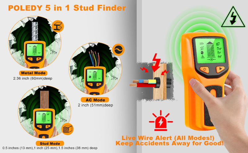 5 in 1 Stud Finder, Poledy Stud Detector - Precisely Locates the Center and Edge of Studs, Wall Scanner with Audio Alarm & Deep Scan Sensor for Wood, Metal Studs, Live AC Wires, Pipes & Joists