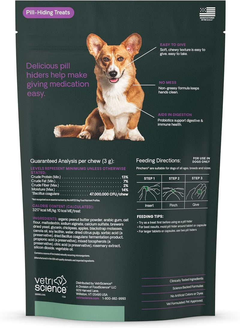 VetriScience Pinchers Pill Hiders Chews, Non-Greasy with Probiotics for Dogs, Disguise Small Capsules and Tablets, Soft and Chewy, Gut and Immune Support, Peanut Butter, 45 Count 45 Hiders