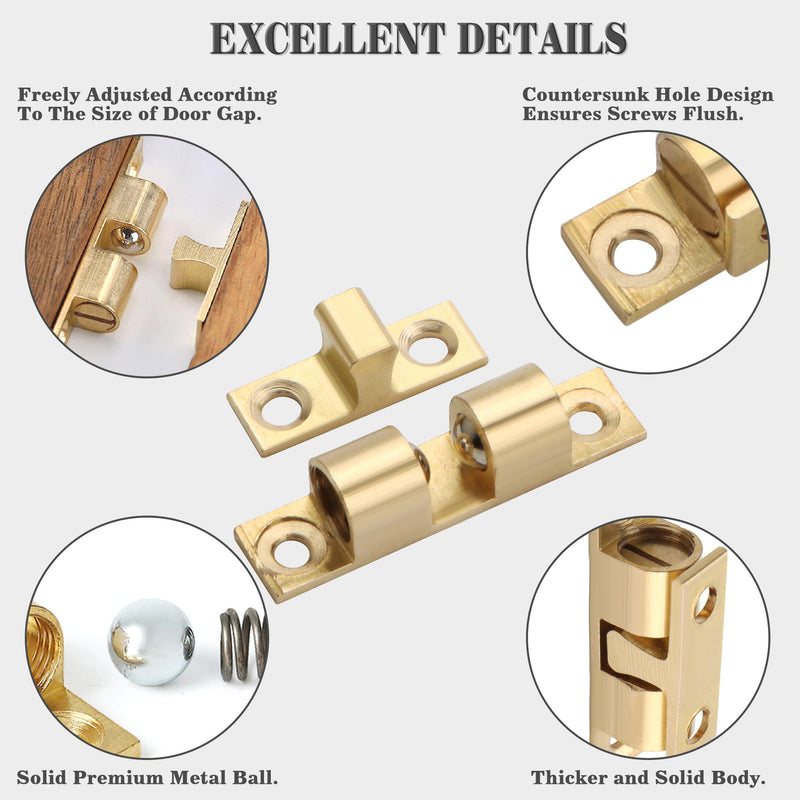 Alise Double Roller Catch Cabinet Latches,Adjustable Double Ball Tension Roller Catch Latch Brass Cabinet Door Latch,67mm Solid Brass Cabinet Latches and Catches,Pack of 4 67mmX40mm Gold