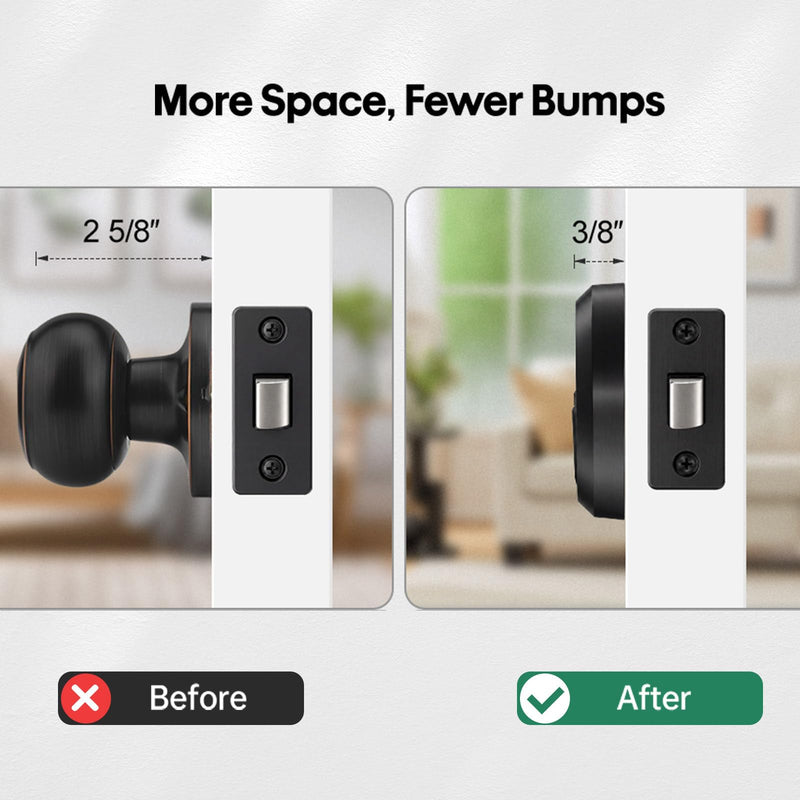 Low Profile Door Knob, Flat Door Knob for RV & Narrow Space, Easy Install Flush Door Knobs, No Key Passage Latch for Standard US Interior Doors, Matte Black 1 Pack
