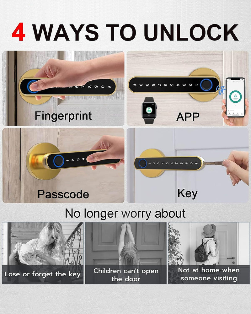 Fingerprint Handle Door Lock Smart Door Lock Levers eLinkSmart Digital Keyless Entry Door Knob Watch App Open Knob Lock for Bedroom Gold
