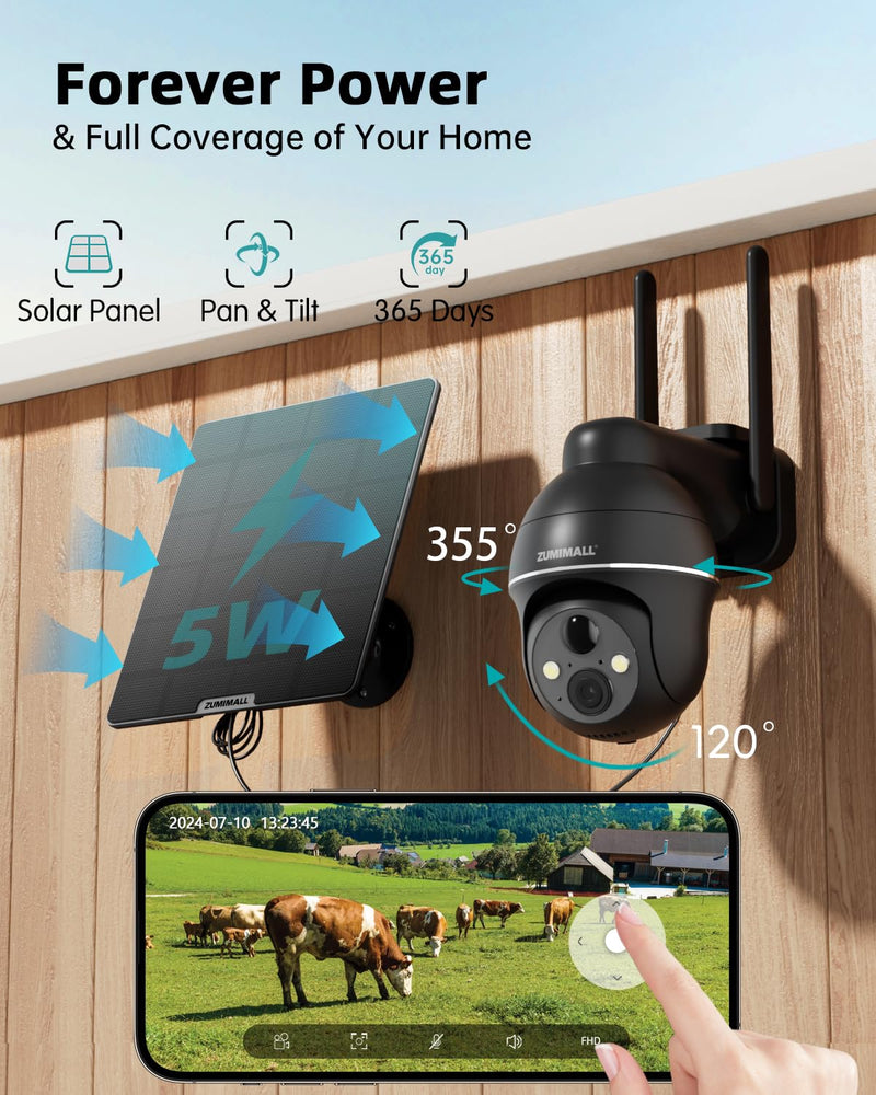 ZUMIMALL 4G LTE Cellular Solar Security Cameras Wireless Outdoor, 3MP No WiFi Cameras for Home Security, 360° Live View, 2K Color Night Vision, PIR Motion Sensor, 2 Way Talk, Built in SIM Card Black - 4G LTE Solar Cam