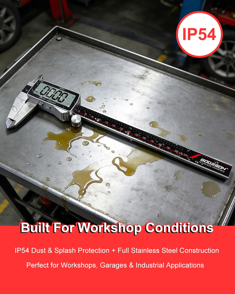 GODESON 8" Digital Caliper, 0.001" Precision Rechargeable Vernier Caliper - USB-C, IP54 Protection，Full Stainless Steel, Inch/MM/Fraction, Large LCD Measuring Tool for Machining, DIY & 3D Printing