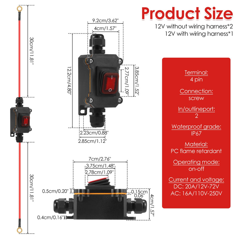 3PC 12V Waterproof Inline Power Switch Set-IP67 Weatherproof Inline Switch,10AWG with Wire & Without Wire Electrical Switch for Automotive,Outdoor Light,Home Appliance (2 No-Wire + 1 with-Wire)
