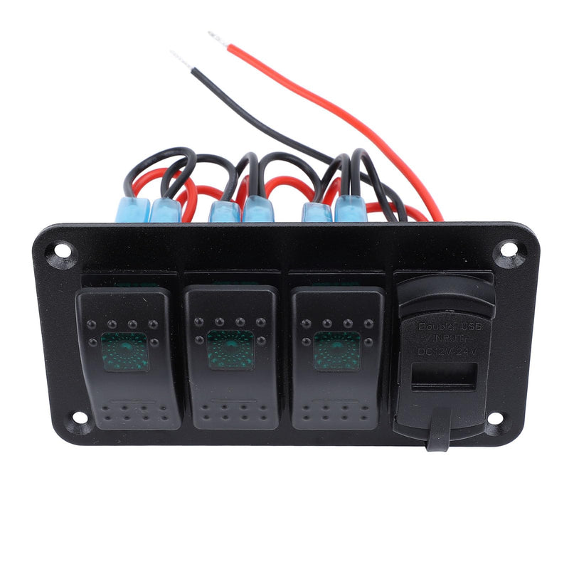 Keenso 12V 24V 3 Gang Rocker Switch Aluminum Panel with Voltmeter Dual USB Fast Charging Multifuntional Switch Panel for Boat Car Truck (Green Light) Green Light