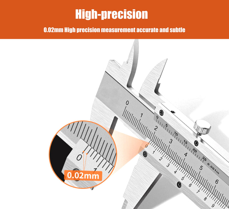 6 inch Vernier Caliper,Stainless Steel Caliper Measuring Tool, 0-6inch/0-150mm Manual Micrometer, 0.001inch/0.02mm,for Inside,Outside,Depth and Step Measurements 6inch