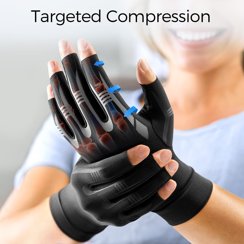FREETOO All-Around Compression Arthritis Gloves for Women for Pain, Carpal Tunnel Relief Gloves for Men, Fingerless Hand Compression Gloves for Crocheting, Rheumatoid Arthritis, Swelling Edema Black M M-pair Matte Black