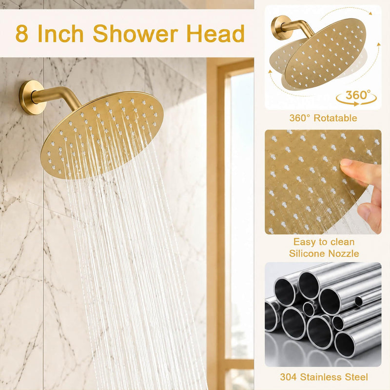 HUCKLE Gold Shower Faucet Set, Rain Shower Head, Bathtub Faucet, 8 Inch Brushed Gold