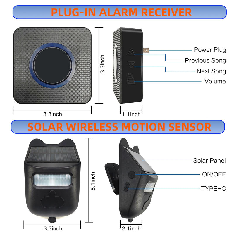 Solar Infrared Sensor Wireless Doorbell & Driveway Alarm – 1/2 Mile Range, 120° Detection, Weatherproof, Solar & USB-C Charging, for Home/Business Security 【Motion Sensor*2+ Alarm Receiver*1】
