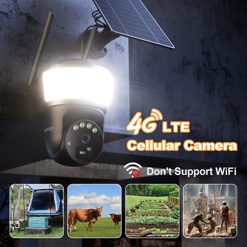 4G LTE Cellular Security Camera Wireless Outdoor, No WiFi Security Cameras Solar Powered, PIR Detection, 360°Cameras for Home Security with Floodlight, 2K Color Night Vision, Built-in SIM Card 4G Solar Camera with Floodlight