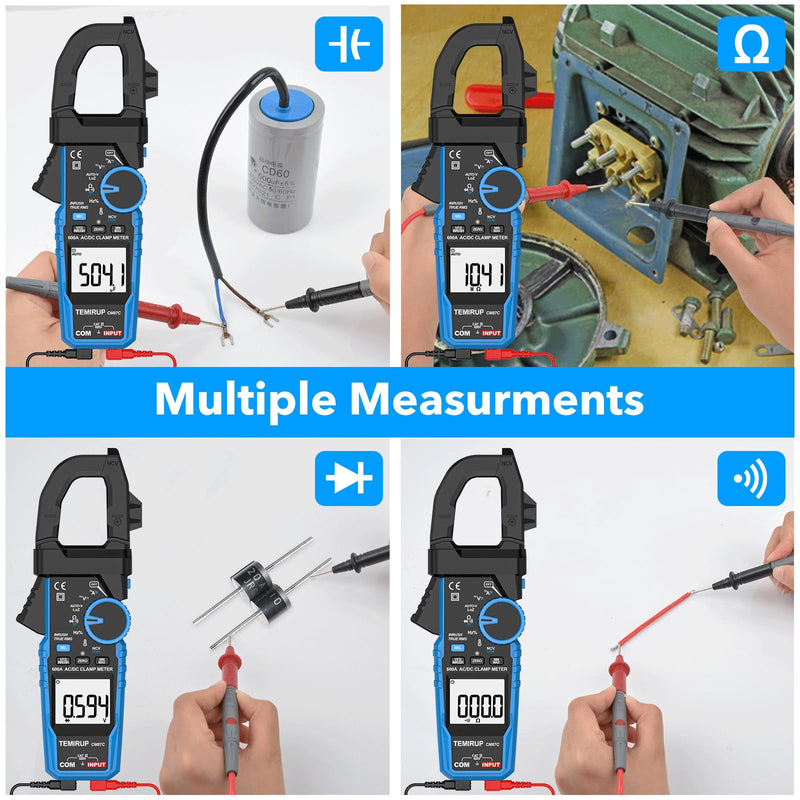 Digital Inrush Clamp Meter Multimeter, TEMIRUP T-RMS 6000 Counts 600A Current Amp Volt Meter with VFD,LOZ Mode; Measures NCV AC/DC Current Voltage Temperature Resistance Capacitance Continuity CM87C 600A AC/DC Clamp Meter