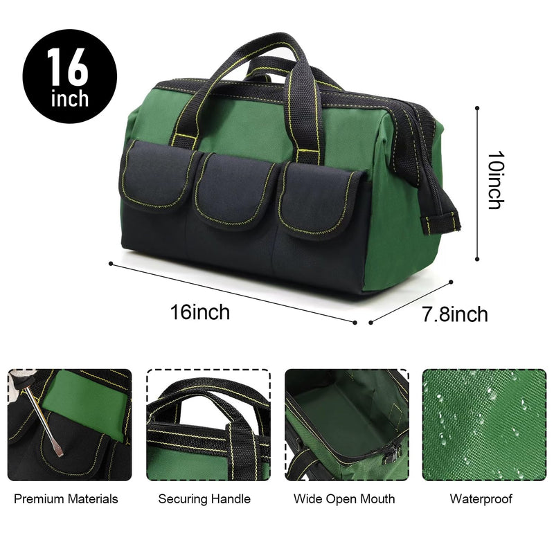 Rugged 16-Inch Wide Mouth Tool Bag for Professionals, Waterproof and Durable. Great for Construction Electricians Carpentry and DIY Enthusiasts, Green