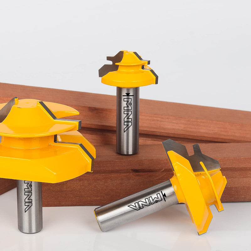 MNA 45 Degree Lock Miter Router Bit 3-Piece Set, for 1/2”, 3/4”, 1” Cutting Height, 1/2 Inch Shank. Easy to Create Lock Miter Joint