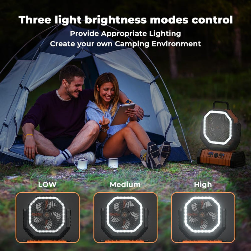 Camping Fan - 20000mAh Battery Powered Fan Rechargeable with LED Lantern - Portable Outdoor Tent Fans with Hanging Hook 4 Speeds Wind Remote Control, Black and Orange 8.9*11.4*4.6in