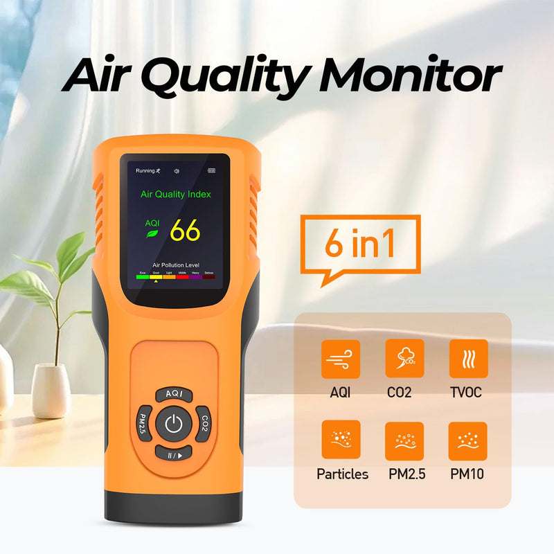 6-in-1 Air Quality Monitor Indoor Air Quality Detector Portable AQI Tester Detect CO2 PM2.5 PM10 HCHO TVOC Meter for Cars,Homes,Schools,Offices