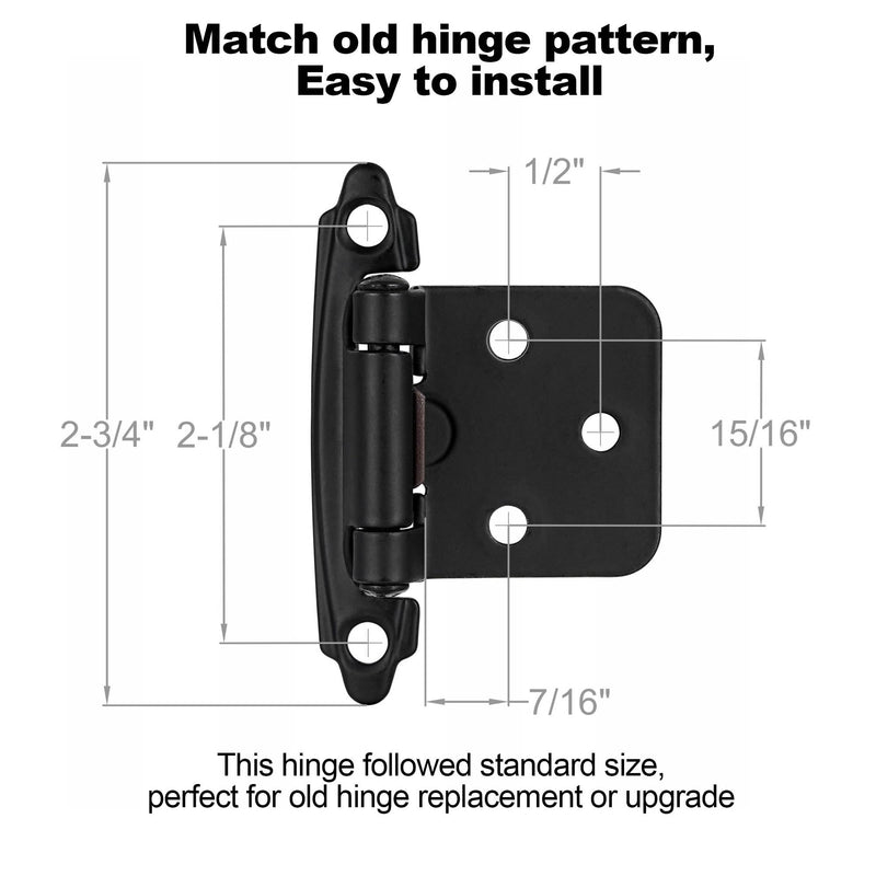 4 Pack (2 Pair) Matte Black Self Closing Cabinet Hinges for Flush Mount Kitchen Cabinet Door, 1/2" Overlay (Variable) Face Frame Semi Concealed Kitchen Cabinet Hinges