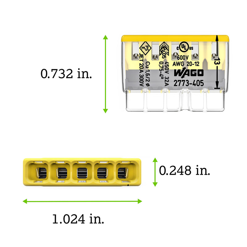 2773-405 | WAGO Wall-Nuts® PUSHWIRE® Splicing Connector | for Solid and Stranded Conductors | 5-Conductor | Yellow Cover | [Box of 60 Pieces] Box