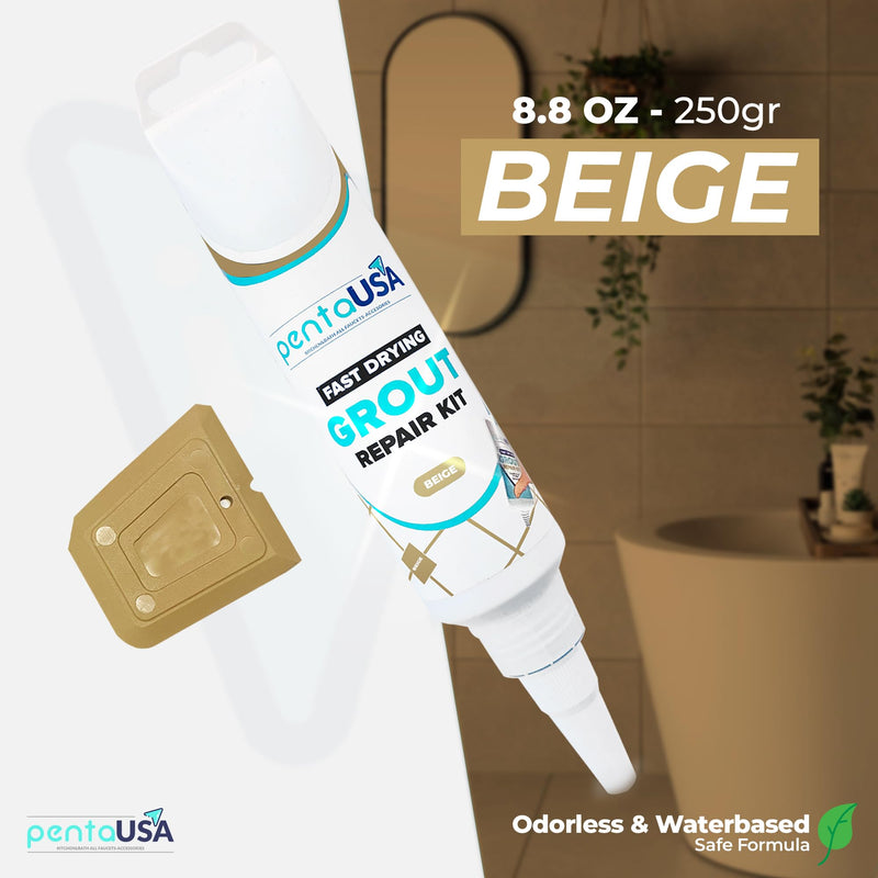 PentaUSA Tile Grout Repair Kit - Beige Grout Filler, Triple Protection, Fast Drying Formula Restores and Renews Grout Lines with Grout Float (Beige, 8.8oz / 250gr)