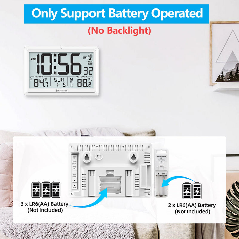 Atomic Clock Wall with Indoor/Outdoor Temp, Battery Operated Digital Wall Clock with 10.5" Large LCD Display, 330ft Range Desk Table Clock with Alarm, DST, Calendar for Living Room Bedroom, White