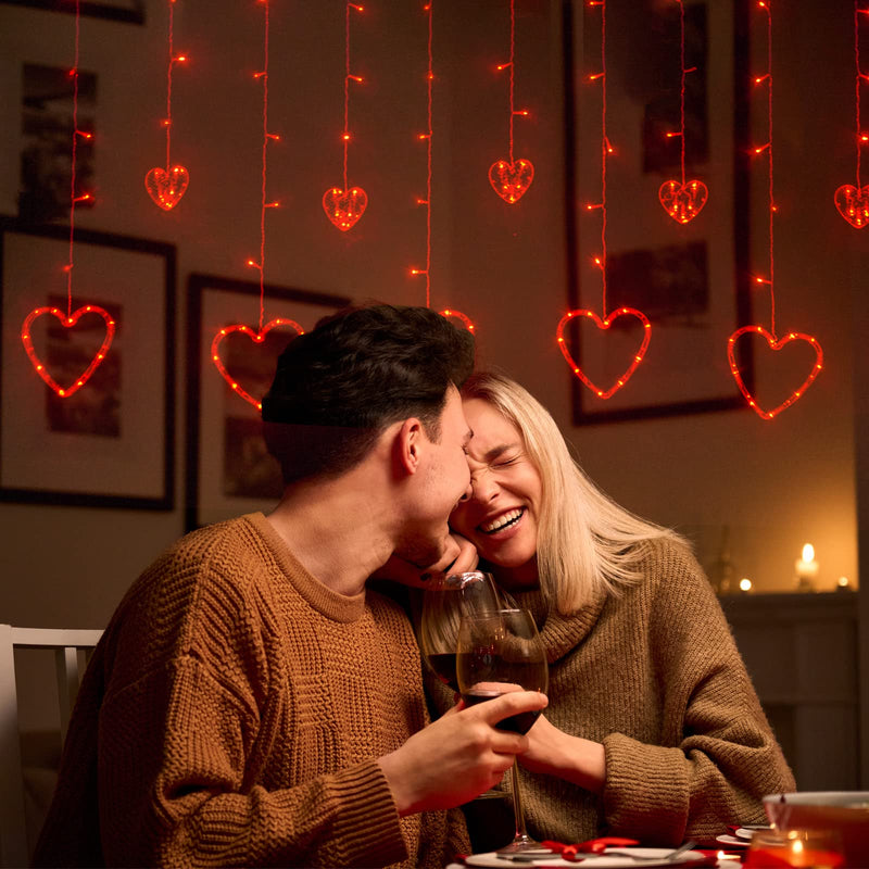 LOLStar Valentines Day Decor, Connectable Red Heart-Shaped 138 LEDs 12 Hearts String Lights Plug in With Remote, 8 Flashing Modes and Timer Function Window Curtain Light for Valentines Day Decorations