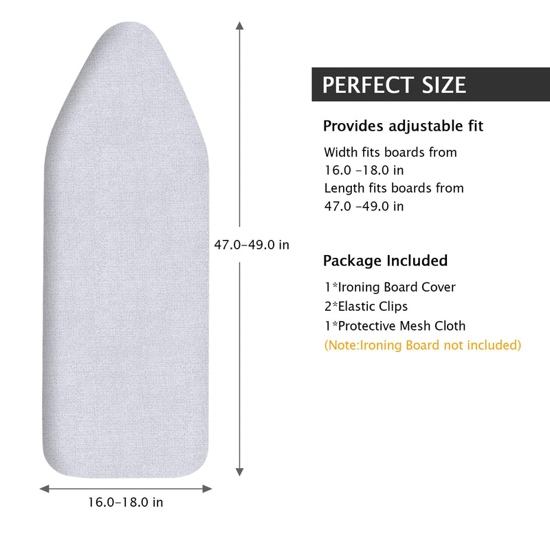 SheeChung Ironing Board Cover and Pad for Extra Wide 18 x 49 Ironing Boards,Premium Heavy Duty 4-Layer Silicone Coated Cover with 2mm Foam and 4mm Felt,Resists Scorching and Staining (49”x18”,Size C) Gray 49”x18”