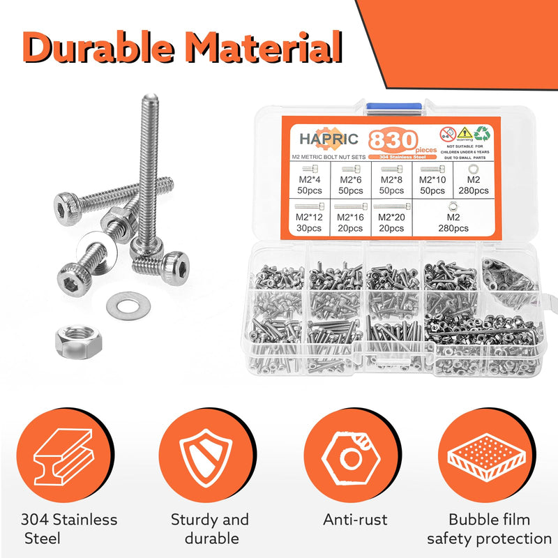 830 Pcs M2 Screws Assortment Kit M2 Nuts and Bolts M2*4mm/6mm/8mm/10mm/12mm/16mm/20mm Metric Machine Screw Kit, 304 Stainless Steel Hex Socket Head Screws Nuts Bolts and Washers Set A M2x4mm-20mm 830Pcs