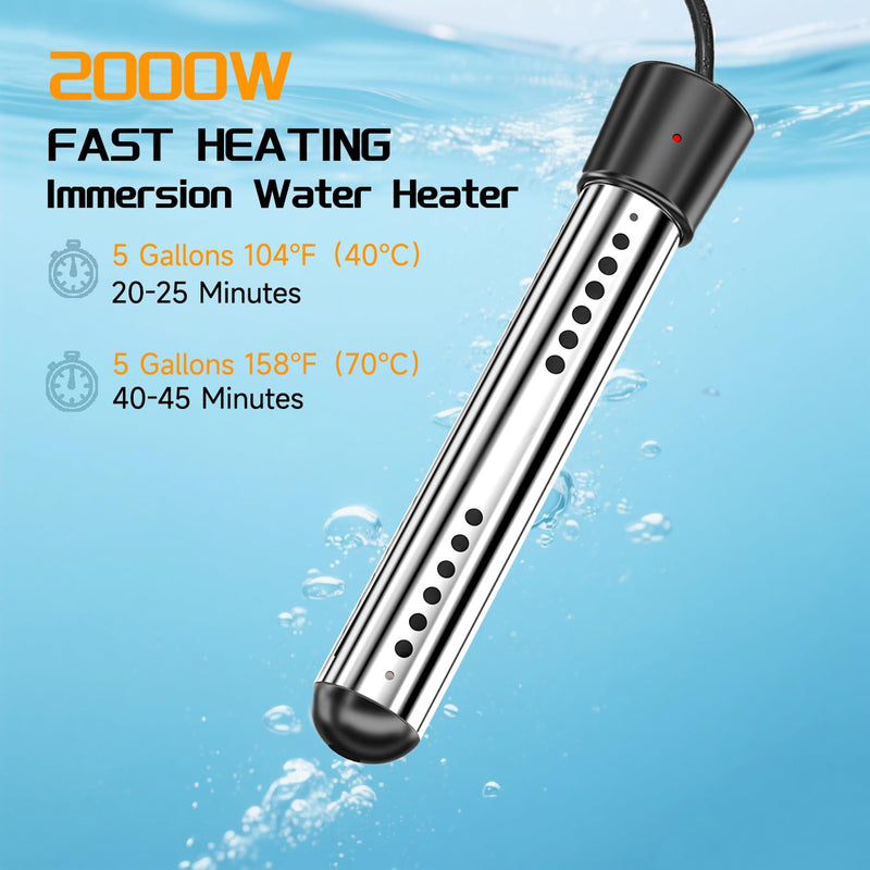 2000W Immersion Water Heater Camping Water Heater with Digital LCD Thermometer 304 Stainless Steel Guard Bucket Auto Power-Off Heater Water for Pool Bathtub Barrel Pot