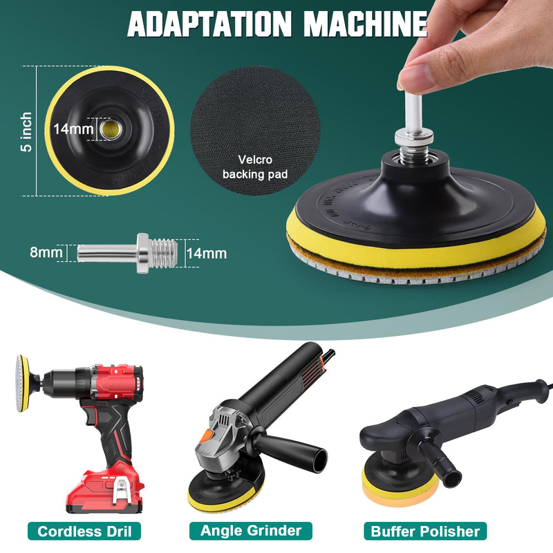 5 Inch Wet/Dry Diamond Polishing Pads Set with 5/8’’-11 Backer Pad, 16Pcs Concrete Polish Pads Kit for Drill, Grinder, Polisher, 50-10000 Grit Polishing Pad for Granite Marble Travertine Terrazzo 5 Inch