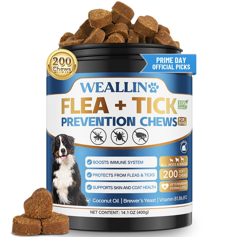 Flea and Tick Prevention for Dogs, 200 Soft Chews for Dog Fleas Ticks Treatment, Natural Dogs Oral Flea Chewables Support Supplement, Flea and Tick Chews for All Breeds & Sizes
