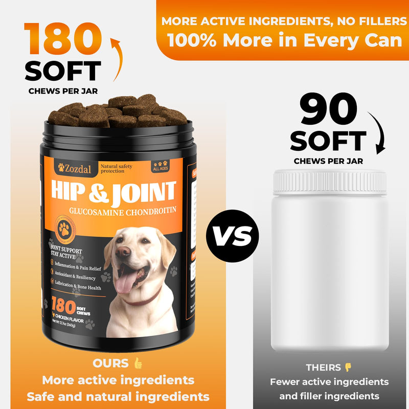 Dog Hip & Joint Supplement, 180 Chicken Chews - Glucosamine Chondroitin MSM Turmeric for Large Breed & Senior Dogs 180 Count
