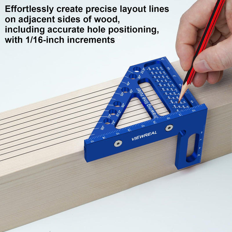 3D Multi-Angle Aluminum Alloy Woodworking Square Ruler, 22.5-90 Degree Protractor, High Precision Miter Triangle Ruler for Engineers, Carpenters, and Craftsmen Blue
