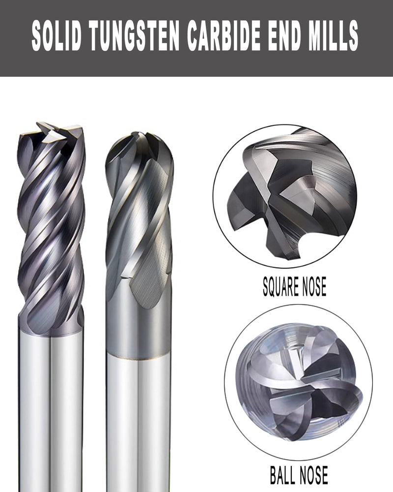2PCS HRC45 Carbide Square and Ball Nose End Mill Bits Set, Tungsten Steel End Mills Bits Cutter, Carbide End Mills for Alloy Steels/Hardened Steels 4 Flutes (2pcs 1/2" Square and Ball nose End mill) 2pcs 1/2" Square and Ball nose End mill