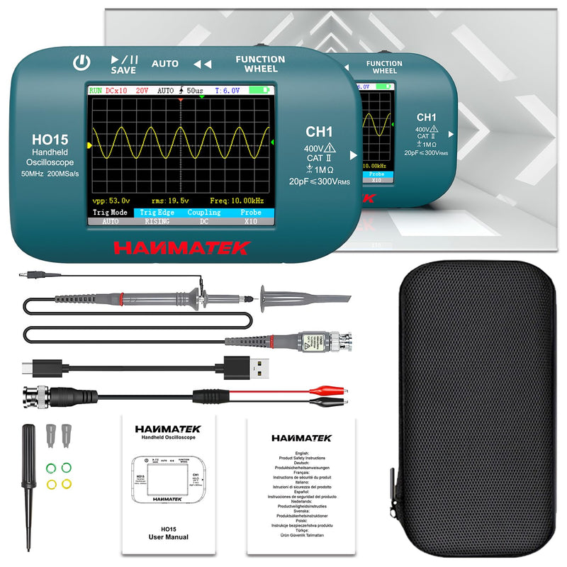 HANMATEK HO15 Handheld Digital Oscilloscope - 50MHz Bandwidth, 200MSa/s High-Precision Sampling, 2.8" TFT Display, USB Rechargeable, Signal Generator,Portable for Fieldwork Professional 50 Mhz