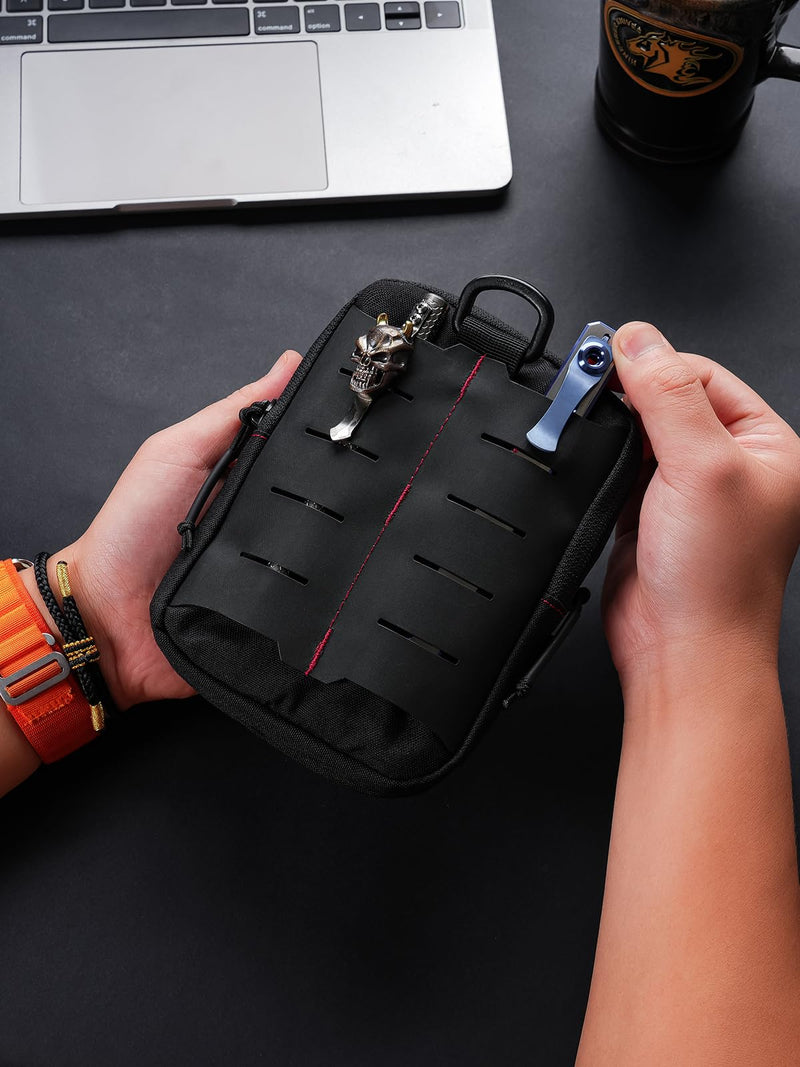 TACTICAL GEEK Block K EDC Compact Waist Pouch, Utility Pocket Organizer with Cache Pad, Nylon Zippers Tool Pouch, Multi-Purpose Small Gadget Organization for Daily Carry Black Red