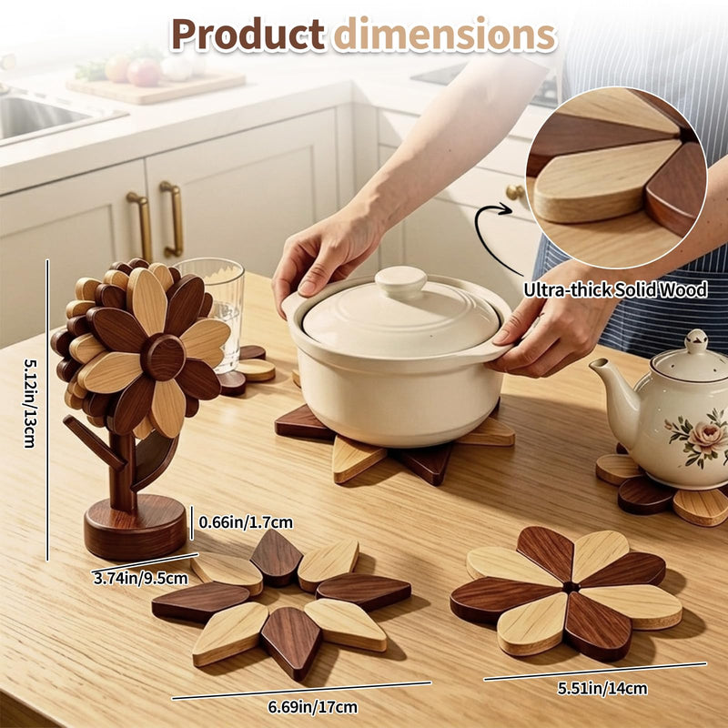 5 Wooden Trivets for Hot Dishes-Sunflower Kitchen Decor, Heat Resistant Foldable, Hot Dishes Tree Shape Trivet Set for Hot Pot Holders Bowl Pot, Housewarming Gifts (Walnut & Beech Wood, L) Walnut & Beech Wood Large