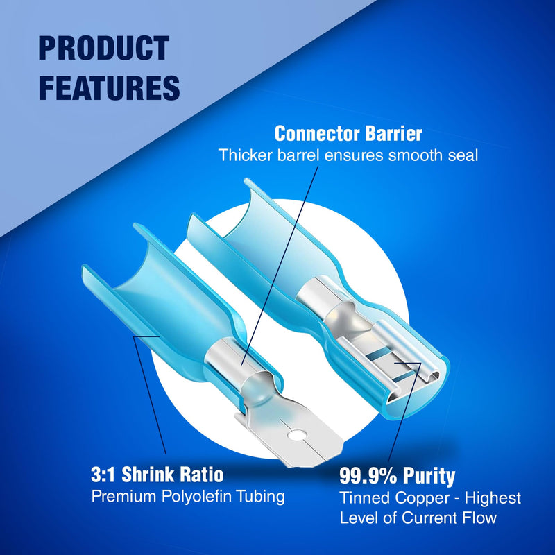 New Age America® 250pcs Heat Shrink Spade Connectors Kit KableSeal™ | AWG 22-10 | Electrical Wire Connectors | Quick Disconnect Connectors | Male Female Wire Connectors | Copper Crimp Connectors | UL 250 PCS | AWG 22-10 | Male & Female