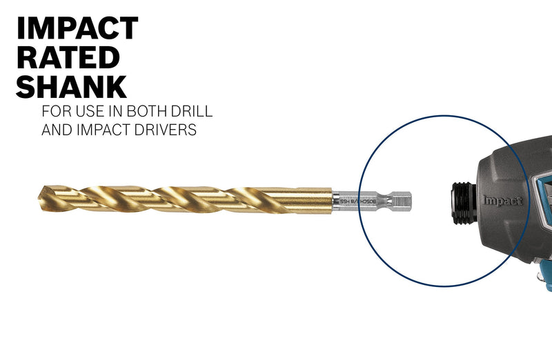 BOSCH TI2137IM 1-Piece 5/32 In. x 3-1/8 In. Titanium Nitride Coated Metal Drill Bit Impact Tough with Impact-Rated Hex Shank Ideal for Heavy-Gauge Carbon Steels, Light Gauge Metal, Hardwood 5/32" Diameter 3-1/8" Length