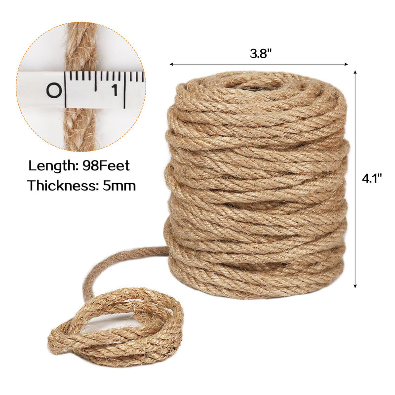 Vivifying 5mm Jute Rope, 98 Feet Strong Natural Jute Twine for Crafts, Cat Scratching Post, Garden Plants, Bundling and Hanging (Brown) 5mm/98feet