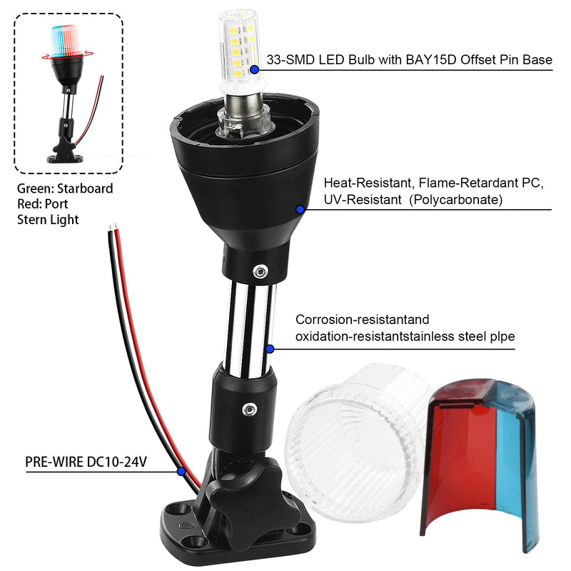 LED Tri-Color Navigation Light,Bimini Top Red-Green-White Combination Boat Bow Light & Anchor Light, Stainless Steel Foldable Pole Base, 10-24V DC,10 Inches