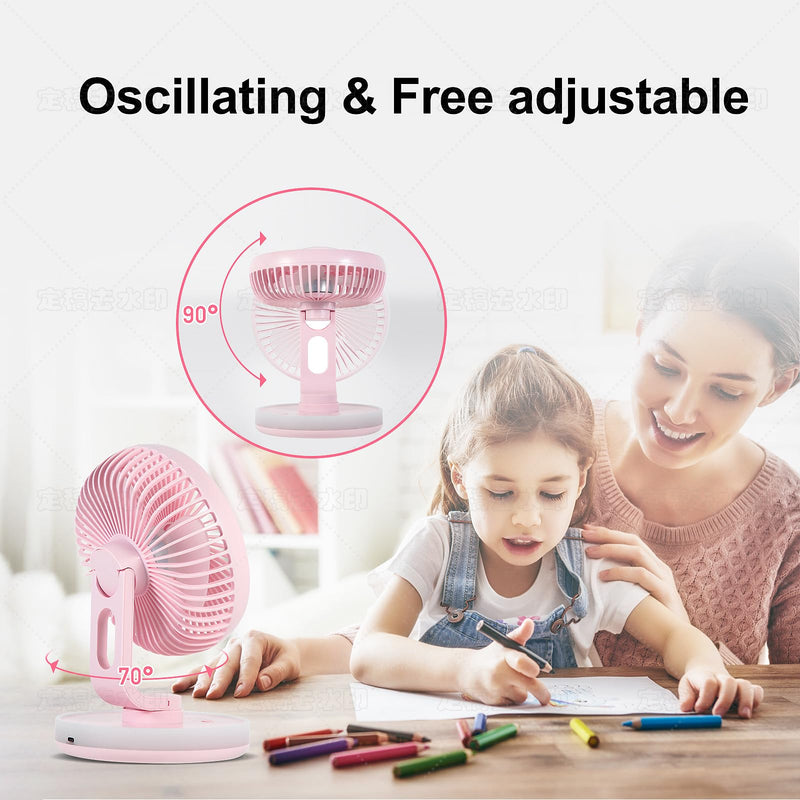 Small Desk Fan With Night Light, Auto Oscillating Table Fan With 3000mAh Rechargeable Battery, USB Personal Fan With 4 Speeds Wind, Adjustable Fan For Home, Office Bedroom, Camping (pink) pink